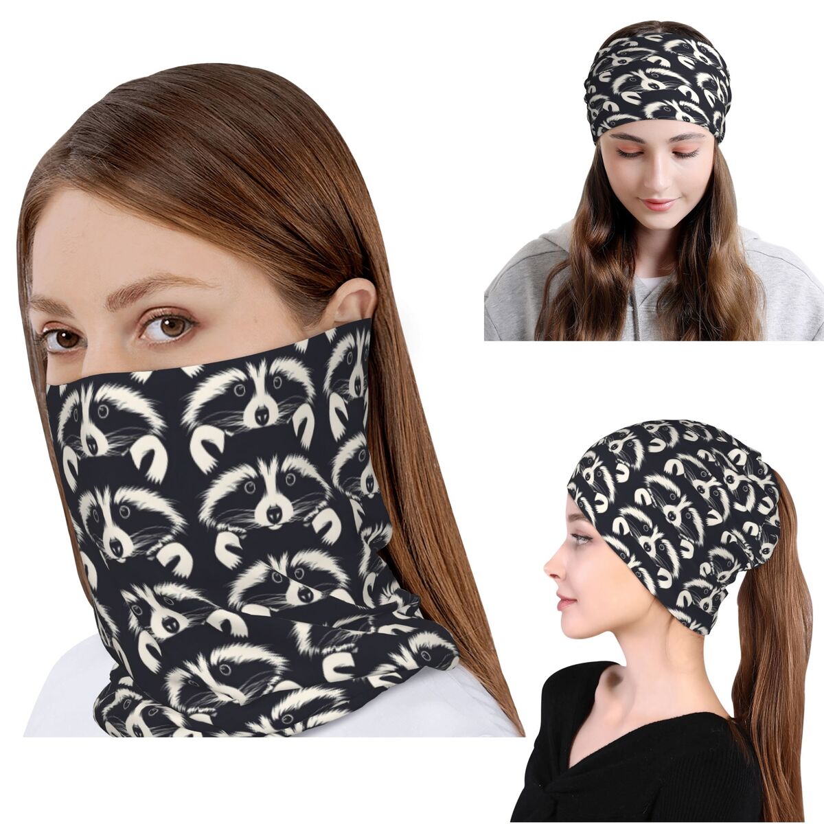 Bandana Blank White - وشاح سحري بنمط وجه الراكون باللونين